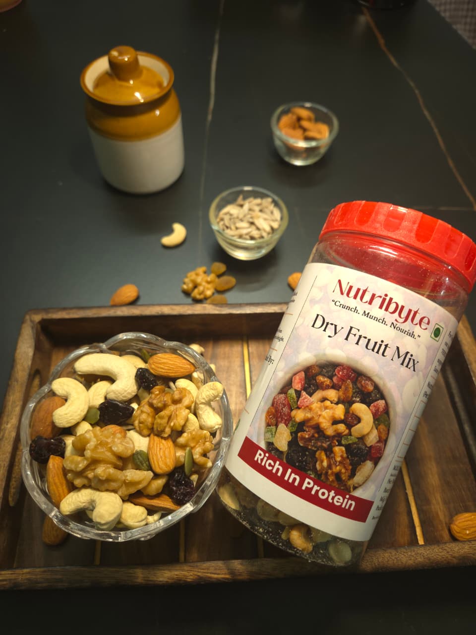 Nutribyte Premium Dry Fruit Mix | An Eclectic Mix of 9 Healthy Superfoods Nuts- Cashews, Almonds | Dry Fruits - Cranberries, Raisins | Seeds - Pumpkin, Sunflower | Reusable Jar (400g)