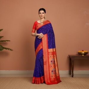 Eva Silk Sarees Maharani Paithani Saree 5.5 Meter Silk Blend with Copper Zari Peacock Pallu & Unstitched Blouse